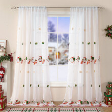 Embroidered Christmas Sheer Curtains Red Gold Green Tree