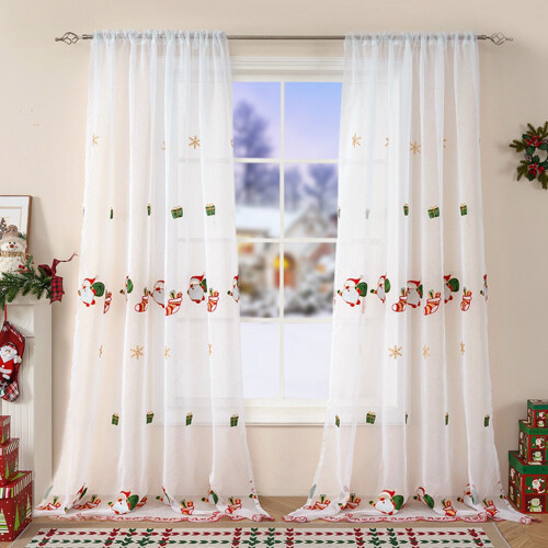Embroidered Christmas Sheer Curtains Red Gold Green Tree