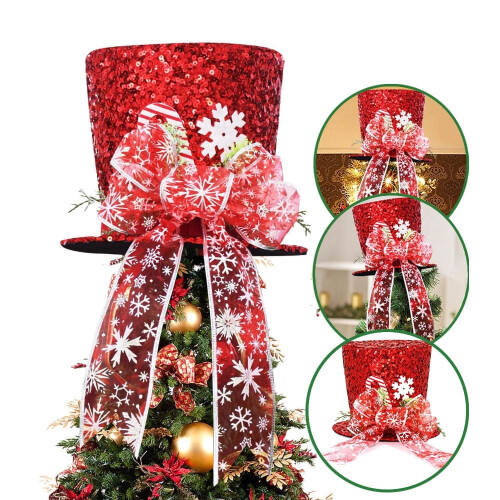 Red Sequined Bowler Hat Tree Topper with Ribbon 1pc