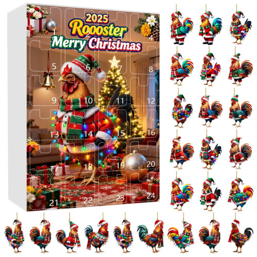 Rooster Ornament Advent Calendar 24pcs Santa Hat Scarf
