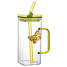Square Glass Tumbler with Handle Lid and Straw