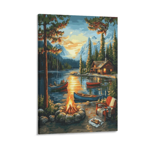Sunset Cabin Canoe Canvas Print 20x30 inch Framed