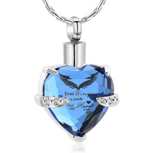 Crystal Heart Cremation Necklace with Angel Wings Pattern