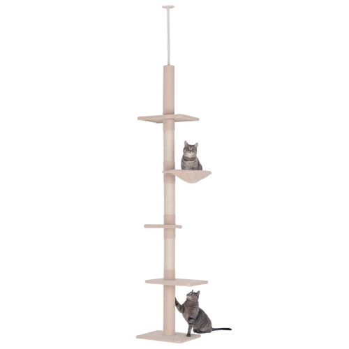 Floor to Ceiling Cat Tree 230-260cm Height Adjustable, 5-Tier Cat Tower with Scratching Posts, Hammock, Perches, Beige