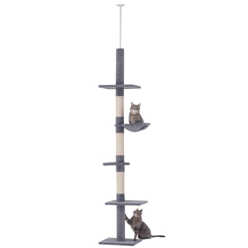 Floor to Ceiling Cat Tree 230-260cm Height Adjustable, 5-Tier Cat Tower with Scratching Posts, Hammock, Perches, Grey