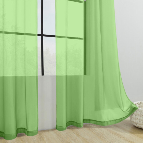 Solid Green Semi-Sheer Polyester Curtains with Rod Pocket