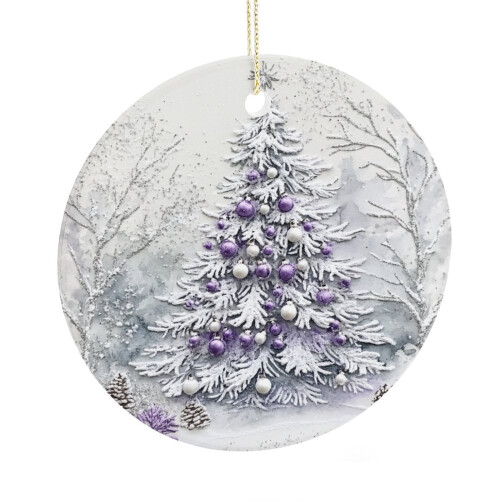 Purple Ceramic Snowy Pine Tree Ornament 1pc