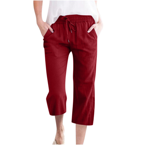 SYMOID Women's Linen Blend Capris with Pockets Red 5XL