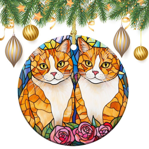 Ceramic Christmas Ornament with Two Orange Cats, Round Flat