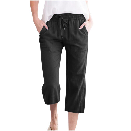 Women's Linen Blend Capris with Pockets Black 3XL