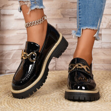 Women's Black Chunky Platform Loafers Patent PU Wide Fit