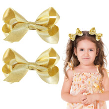 Glitter Gold Ribbon Hair Bows 3" 2 Pcs with Alligator Clips
