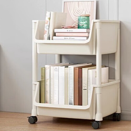2-Tier Mobile Bookshelf with Wheels and Brakes