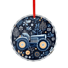 Blue Christmas Tractor Glass Ornament Holiday Decoration
