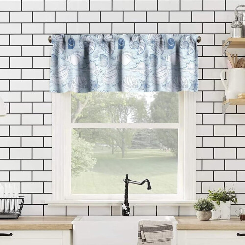Seashell Kitchen Valance Curtain Vintage Blue Coastal Theme 1