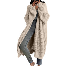 Women's Beige Knitted Cardigan Long Sleeve Knee-Length Size