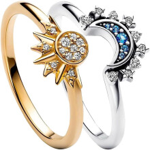 Sun and Moon Ring Set Gold Silver Rhinestones Size 6 to 11