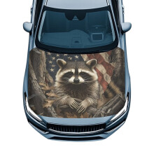 Car Hood Cover Raccoon American Flag Durable Elastic Fabric
