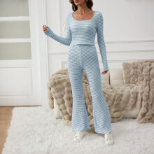 Women's Striped Wide Leg Pants Set Ribbed Sky Blue 2-Piece
