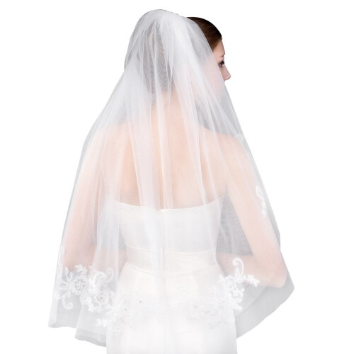 Women's White Lace Wedding Veil with Comb 2-Tier