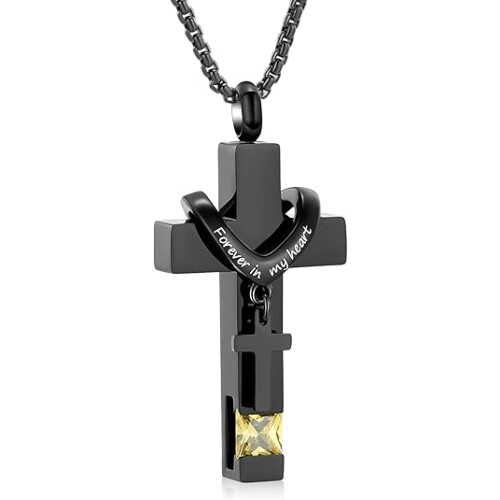 Cross Urn Necklace for Ashes with Birthstone Keepsake