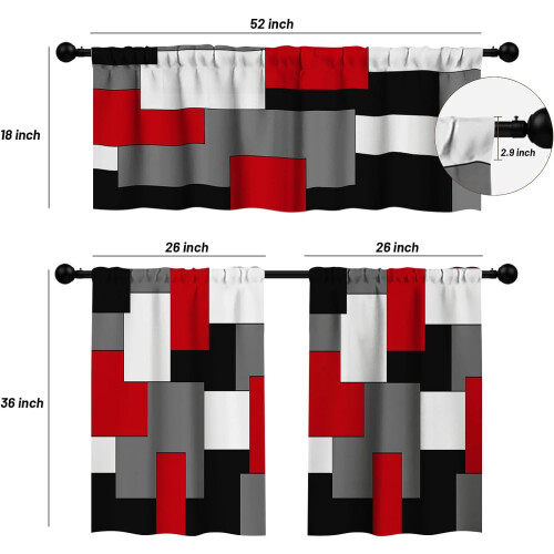 Kitchen Curtains Set Black Red Grey Geometric 3-Pc 1