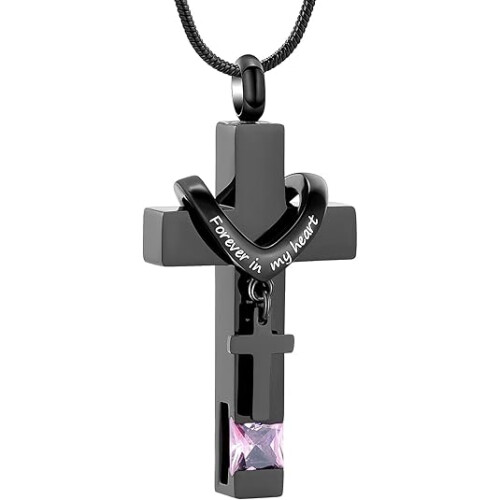 Cross Urn Necklace for Ashes with Birthstone Keepsake