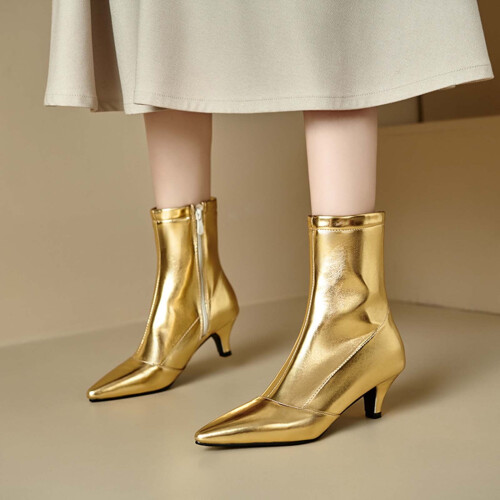 Women's Mid-Heel Ankle Boots Pointed Toe Side Zip Metallic