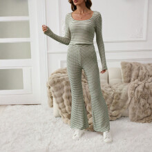 Women's Army Green Striped Wide Leg Pants Set 2-Piece