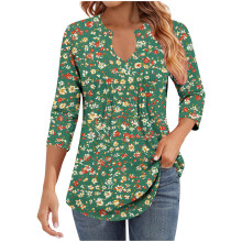 Women's V-Neck Pleated Blouse 3/4 Sleeve