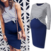 Maternity Cotton Blend Long Sleeve Stripe Two-Piece Dress