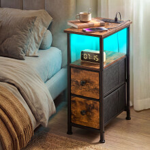Levede Bedside Table Narrow Side Table with LED Charging Station Storage Brown