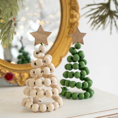 Wooden Spiral Christmas Tree Ornament Rustic Beaded Boho