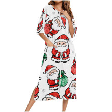 Women's Christmas Print Robe Nightgown with Pockets White S