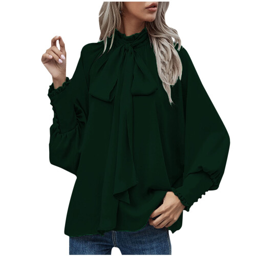 Women's Mock Neck Bow Tie Blouse Long Sleeve