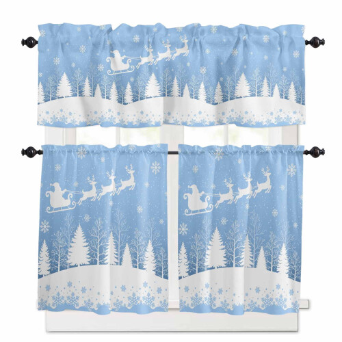 Light Blue Christmas Kitchen Curtains Set Reindeer Tree