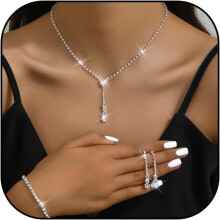 Wedding Jewelry Set Silver Rhinestone Necklace Earrings