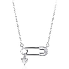 Sterling Silver Safety Pin Pendant Necklace with CZ Hearts