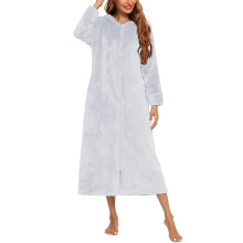 Women's Flannel Bathrobe Hooded Zipper Gray M
