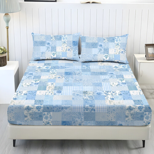 Comfort Queen Sheet Set Blue Floral Patchwork 3-Pc