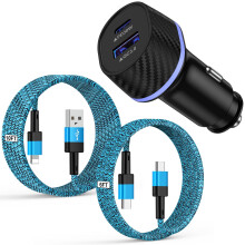 Type C Car Charger 48W PD QC 3-Pack with 6ft and 10ft Cables