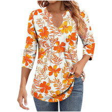 Women's V-Neck Pleated Blouse 3/4 Sleeve Business Casual Top