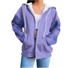 Women's Plaid Zip-Up Hoodie with Drawstring and Pocket