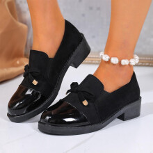 Women's Loafers Suede and Patent Leather Chunky Heel Bow