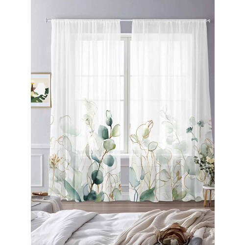 Watercolor Green Leaf Sheer Curtains 52x84 Eucalyptus 2