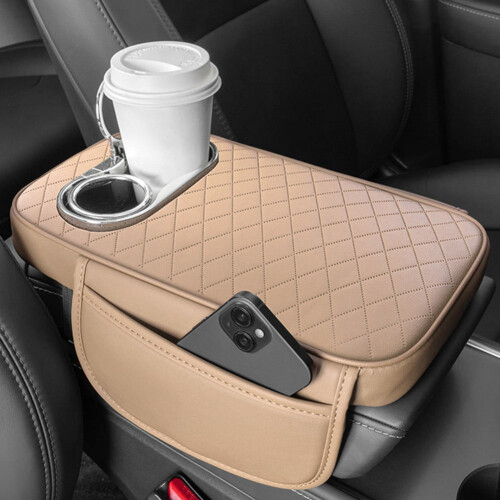 Car Armrest Cushion PU Leather with 2 Cup Holders and Side 1