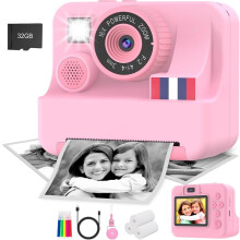 Kids Instant Print Camera Pink 2.4" HD Dual Cam 32GB