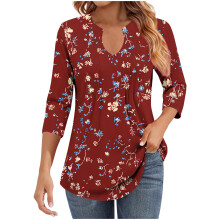 Women's V-Neck Pleated Blouse 3/4 Sleeve Business Casual Top
