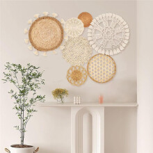 Boho Wall Basket Decor ,Flat Woven Basket Wall Hanging Decor,Round Tassels White Macrame Wall Decor Art 8pack