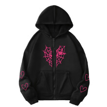 Oversized Zip-Up Hoodie Gothic Spider Web Heart Graphic